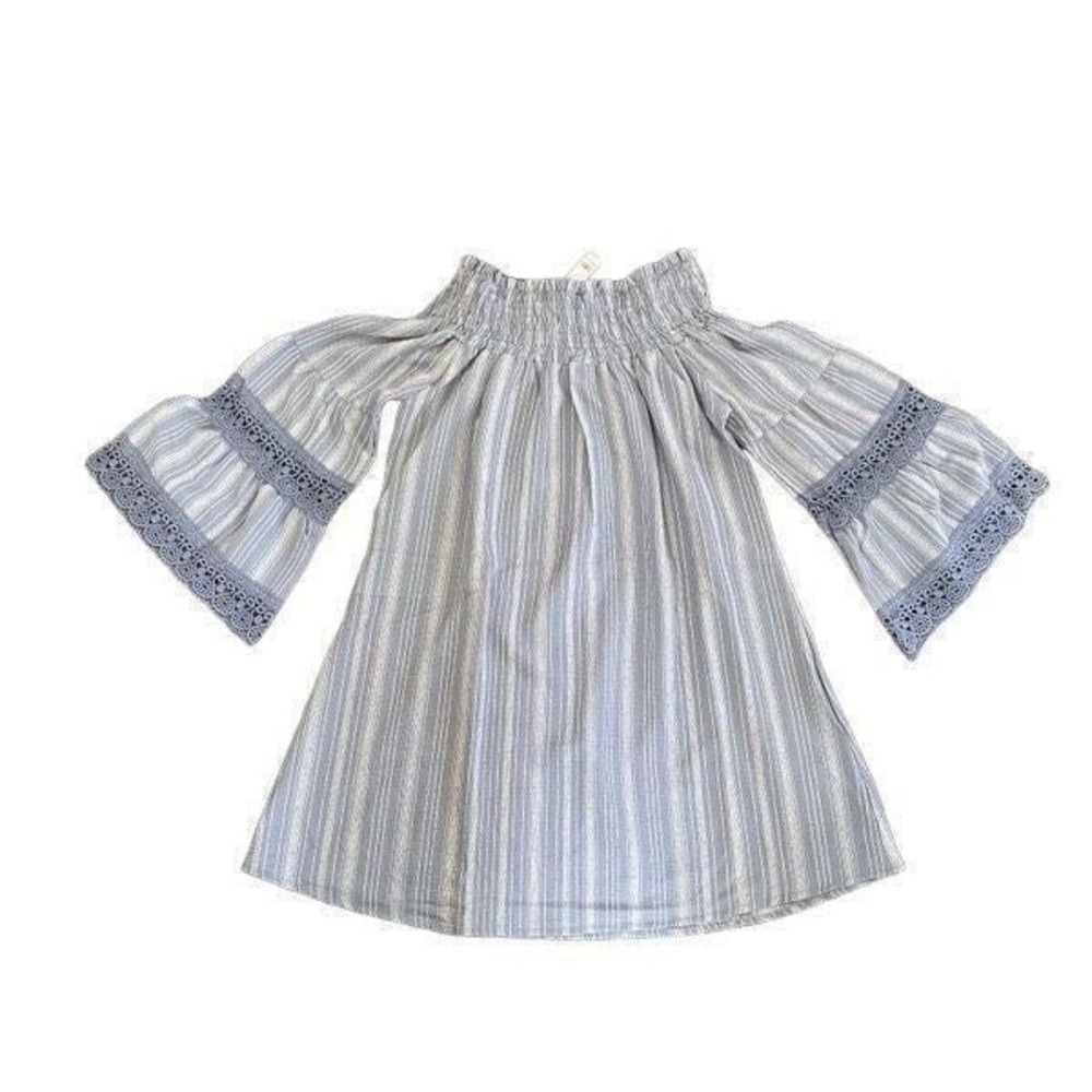 NWT Kiwi & Punch Boutique Blue and White Boho Off Shoulder Dress Coastal M